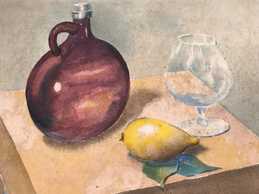 Vintage Watercolor on Paper Of Still Life: Vintage watercolor on paper of fruit and drink ware Still Life. Artwork is attached to board backing. Verso has label from the Century Association with artist name Philip Ives, and title Brandy & Lemo