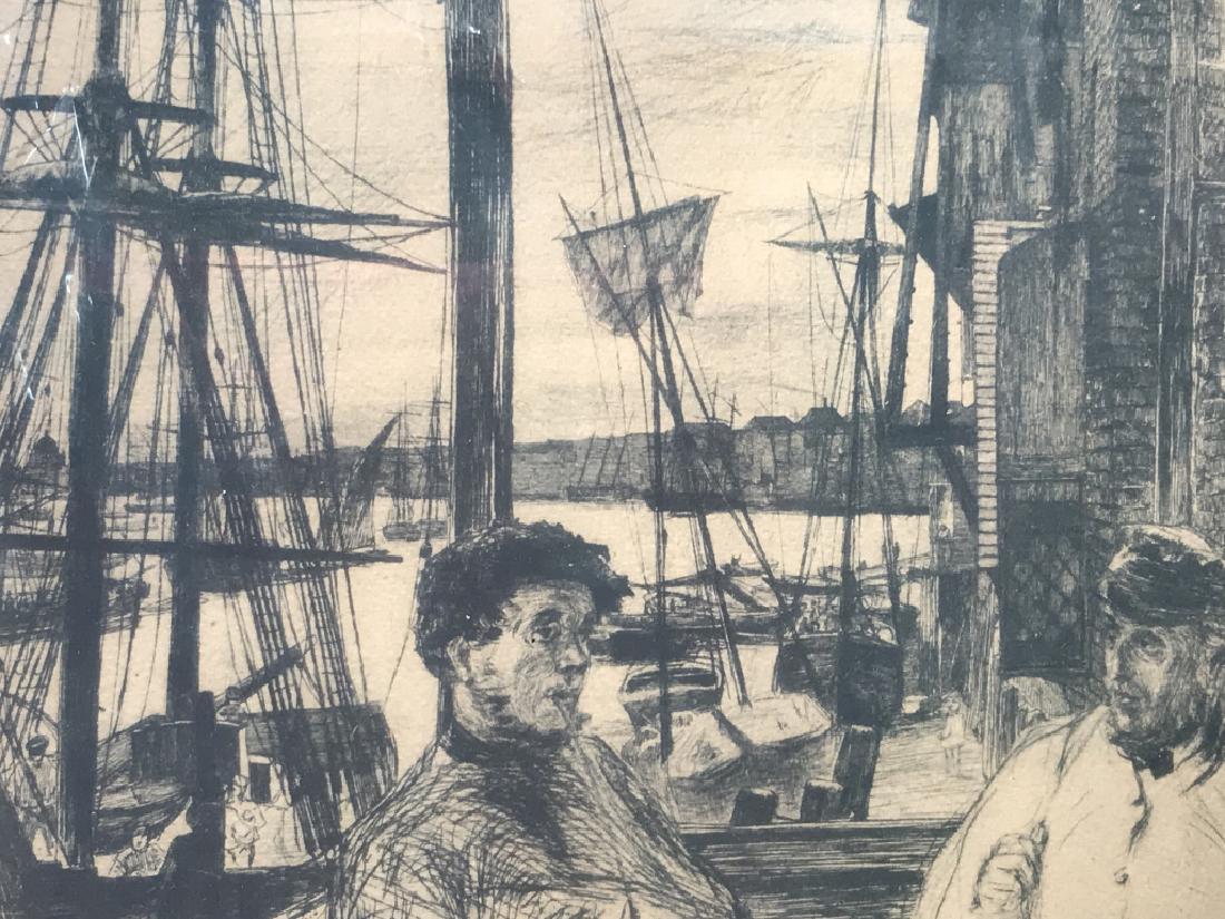 J.M. WHISTLER Etching of Boats, c. 1860: Framed James McNeill Whistler Etching And drypoint Artwork on paper of fishermen and boats, titled Rotherhithe (Wapping), dated 1860. Signature in Plate. From the Thames Set, A Series of Sixteen Etchi