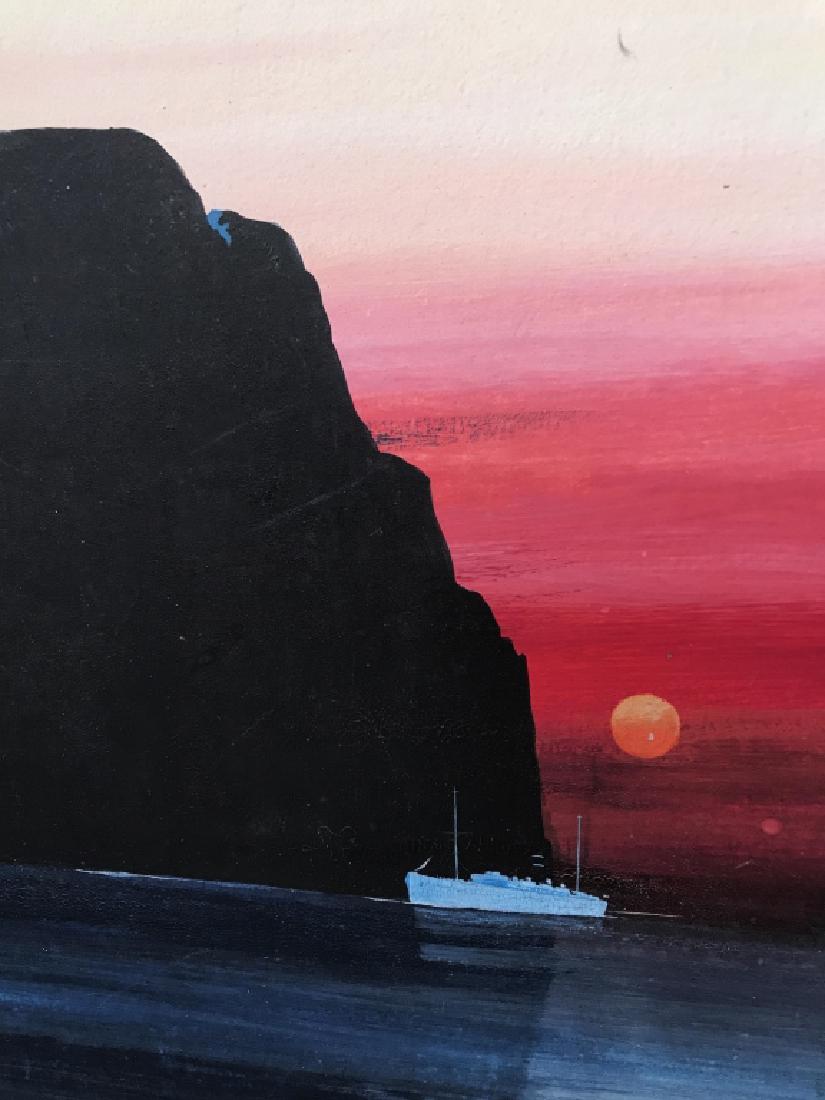 Signed Vintage J. Foster Stackhouse Painting: Signed vintage early 20th Century J. Foster Stackhouse Painting On board. Possibly oil, painting depicts a boat against a vibrant sunset. Signed in lower left corner. Measures approx 13 inches in heig
