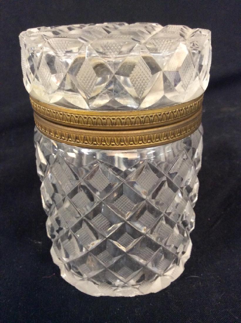 Cut Glass Bronze Mounted Dresser Box: Cut Glass Bronze Mounted Dresser Box, cylindrical form, 4 in x 2/5/8in, Good condition, Marked Made in France on inside rim, French Cut Glass, Dresser Decorations, Desk Ware, Trinket Box, Jar, Tablewa