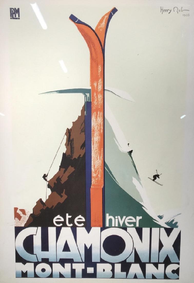 Framed Poster Of Chamonix Mont-Blanc Print: Framed poster of Chamonix Mont-Blanc print. Poster is in black tone metallic frame. Some scuff marks on frame. Measures approx 27.75 inches in height by 19.75 inches in width with frame. Art Deco Prin