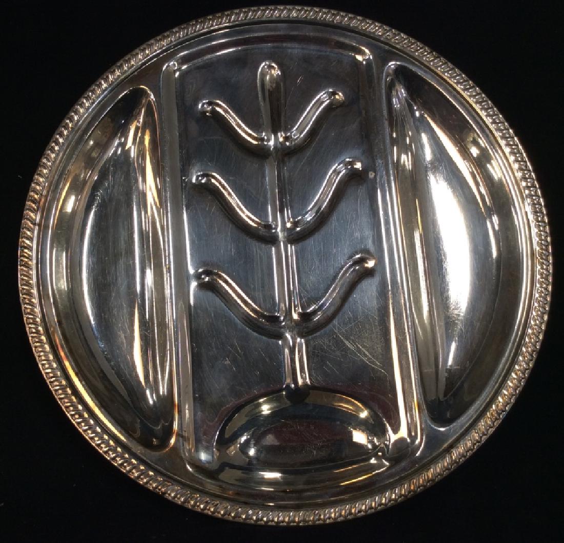 Vintage Silver Plated Meat Platter: Vintage Silver Plated Meat Platter, 14 in diameter, good condition, underside reads EPC crown, Pat 96044, 17 G triangle, on ball feet, Silver Plated Kitchenware, Meat Platter, Kitchenware, Dinnerware,