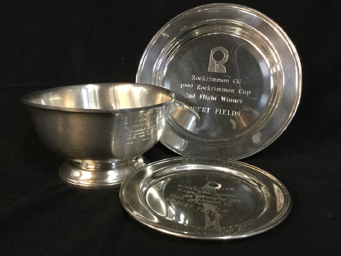Lot 3 Inscribed Pewter Trophies: Lot 3 inscribed pewter trophies, including a bowl and two plates. Trophies have been awarded to orthodontist Dr. Robert S. Fields. Largest piece, the bowl, measures approx 7.75 inches in diameter by 4