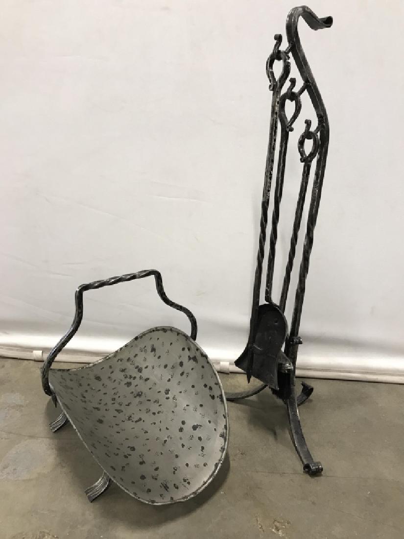 Set of Iron & Nickel Metal Fireplace Tools: Set of iron metal fireplace Tools, including a stand with a poker, shovel, and brush, along with a firewood rack with handle. Possibly nickel metal. Iron stand measures approx 33.5 inches in height by