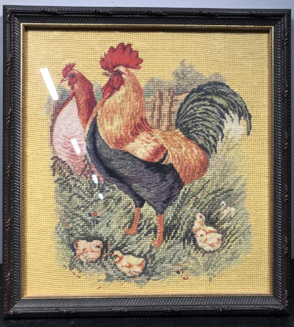 Framed Needlepoint Textile Artwork Of Roosters: Framed Needlepoint Textile Artwork Of roosters. Artwork is dark tone wood frame. Measures approx 15 inches in height by 14 inches in width with frame. Vintage Needlepoint textile tapestry sampler artw