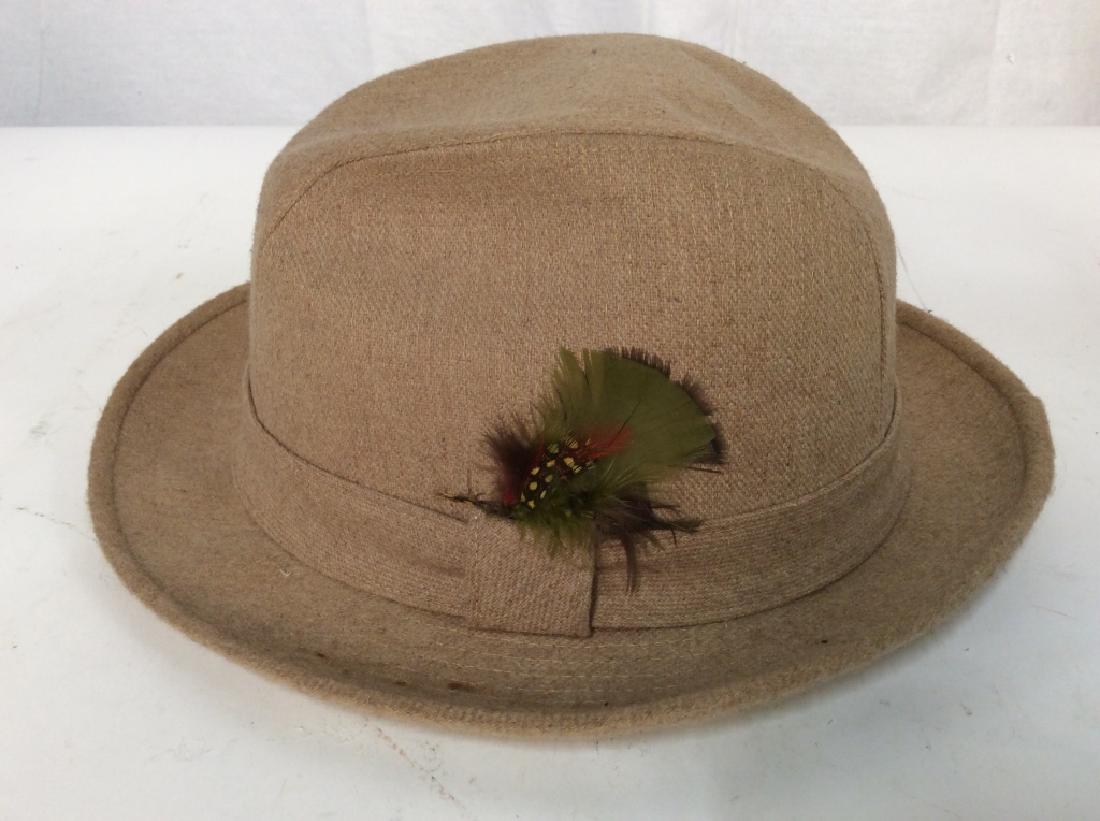 Beige Toned STETSON HAT: Outdoor hat, casual hat. Has multi toned feathers on right side. Tag of interior reads STETSON, MADE IN USA. Size XL. Measures approx 12 inches long 5 inches tall. Appears to have small stains. Mens f