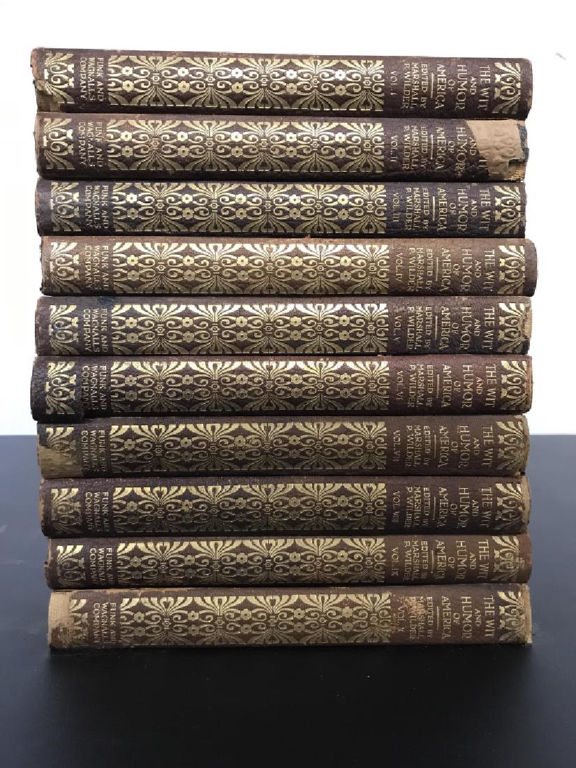 10 Volume Set ‘The Wit & Humor’ Books, c. 1910: 10 volume set of ‘The Wit and Humor of America,’ library edition, edited by Marshall P. Wilder, and published by Funk & Wagnalls Company. Books measure approx 8 inches in height by 5.5 inches in w