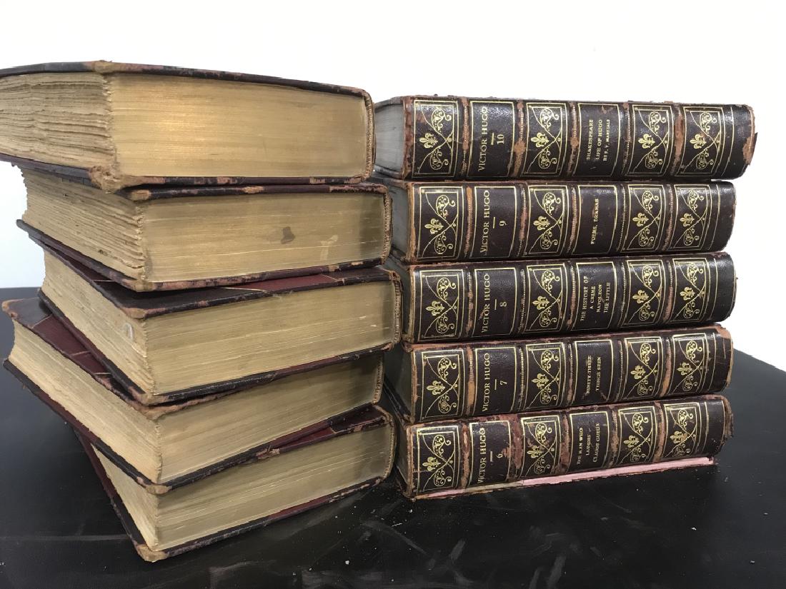 10 Volume Antique Book Set, Victor Hugo’s Works: 10 volume complete antique book set of Victor Hugo’s works, including Les Miserables. Published by The Nottingham Press, possibly early 20th century. Books are leather bound and some are illustrated