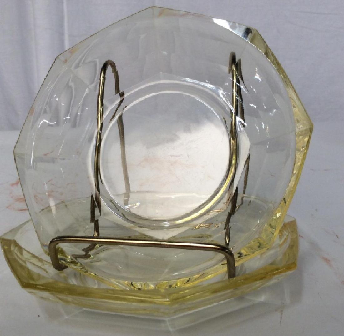 Pair Yellow Glass Plates: Pair Yellow Glass Plates, 6 in square etched, clear yellow glass, No maker noted, good condition, Tableware, Kitchenware, Decorative Tabletop decor, Glass, Dishes, Plates, 5