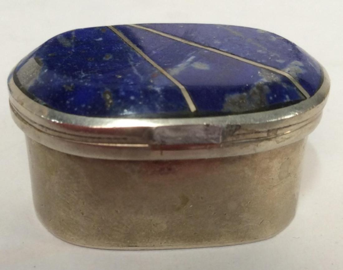 Blue Natural stone and silver toned Metal Pill Box: Blue Natural stone and silver toned Metal, Pill Box, 1 1/2 in x 1/2 in, some minor surface wear to metal as seen in photographs no marks noted, Pill box, Trinket Box, lapis, Stone, Silver Toned, Metal