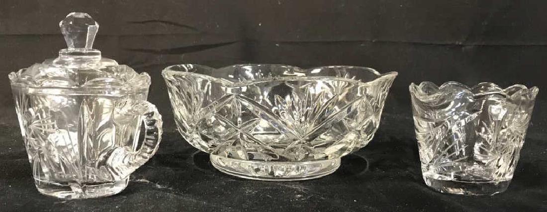 Lot 3 Cut Crystal Tabletop Accessories: Lot includes 1 cut Crystal Bowl, 1 lidded sugar & 1 creamer. All pieces are cut crystal. Bow measures approx 7 inches wide, 3 inches tall, tableware, tabletop accessory, vessel, cream pitcher and suga