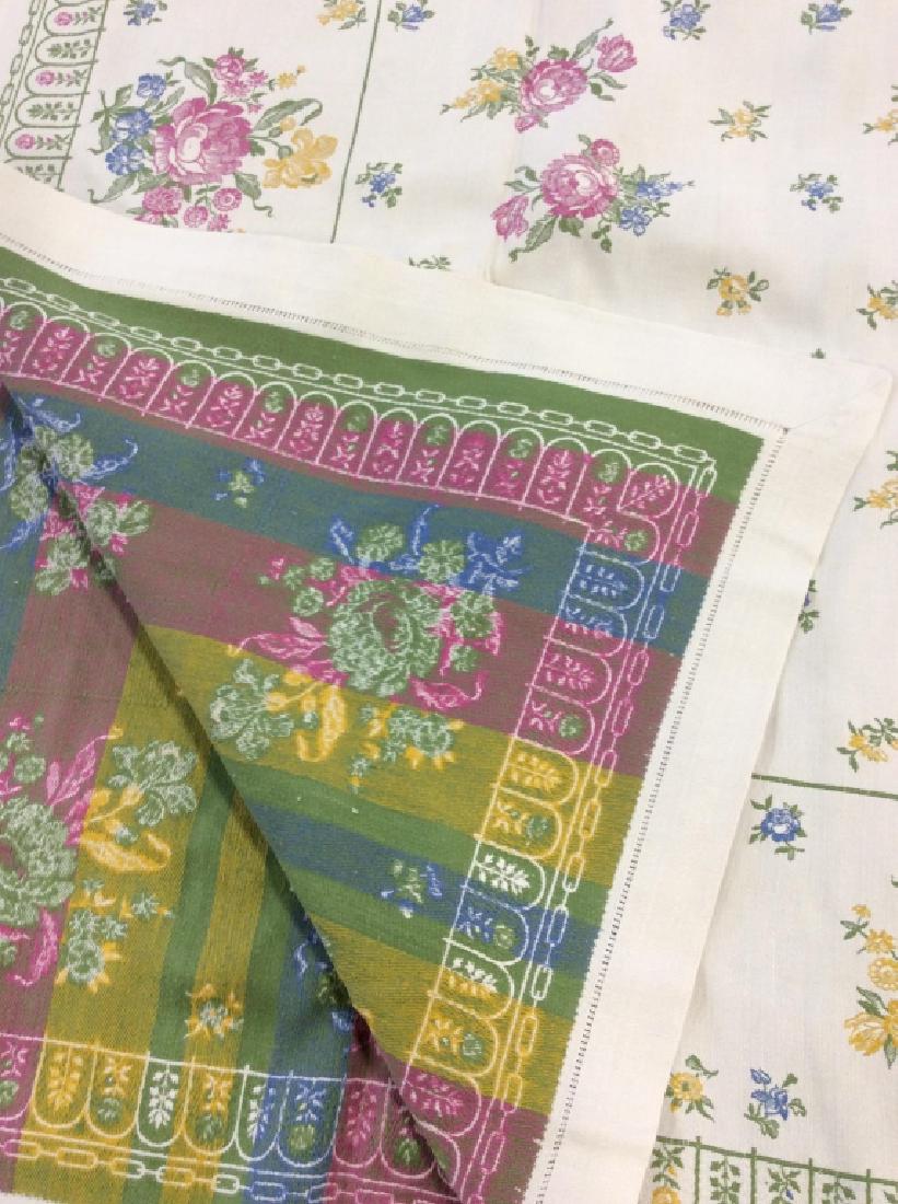 Vintage Linen Floral Table Set: Set includes table cloth and 12 napkins, jacquard style linen, colorful floral pattern, cleaned starched and pressed, each napkin measures 13 inches square, table cloth measures app 61 by 62 inches,