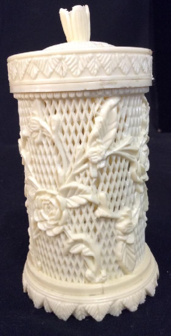 Vintage Bakelite Hors D’Oeuvre Fork Canister: Vintage Bakelite Hors D’Oeuvre Fork Canister, Canister to look like Carved bone, contains forks, Lidded, 5 in x 2 1/2 in, good condition, Tableware, Entertaining Ware, Serving ware, Kitchenware, 5