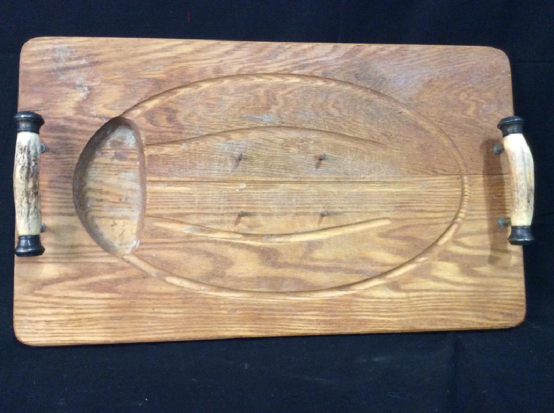 Vintage Wooden Meat Platter: Vintage Wooden Meat Platter, 24 x 141/2 in, with Meat nails coming up through juice area, with bone toned handles, Kitchenware, Tableware, Wood, Serving Ware, Platter, 5