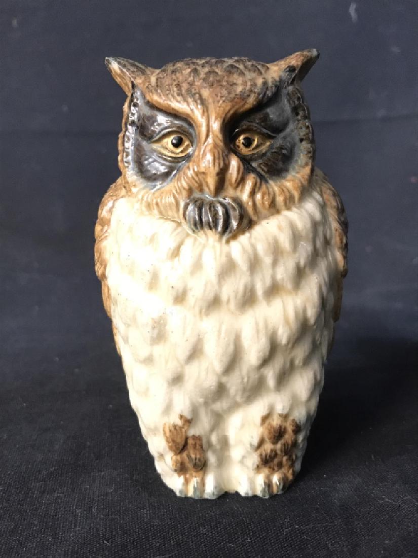Ceramic Porcelain Owl Figural: Owl Figural is brown and beige toned. Measures approx 4.25 inches tall 2.75 inches wide. tableware, animal statuary 6