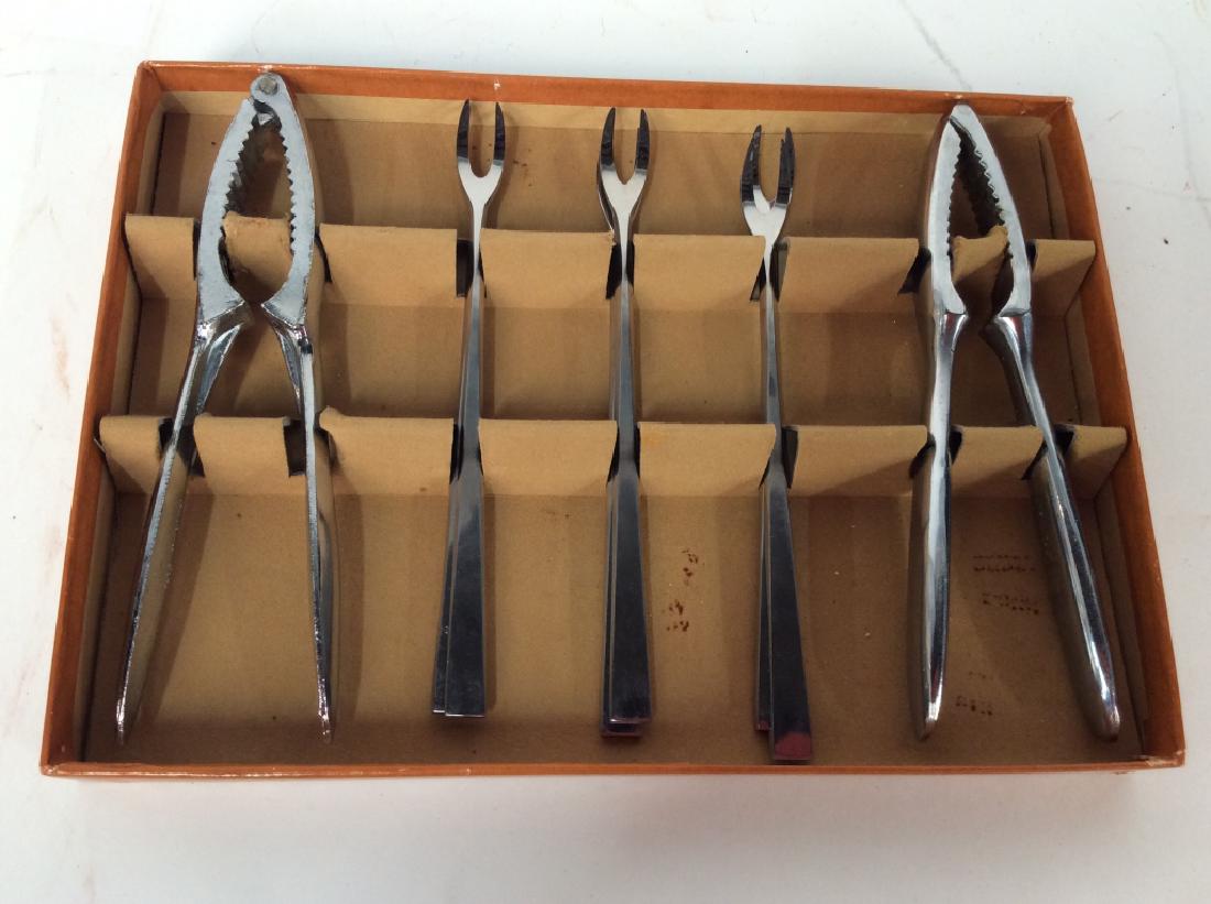 Boxed Lobster Crab Cracksr Set with Picks: Boxed Lobster Crab Cracksr Set with Picks, crackers 6 in , picks 6 in and marked supreme Cutlery Stainless Japan, in original orange box, includes 6 picks and 2 crackers, Seafood Utensils, Lobster cra