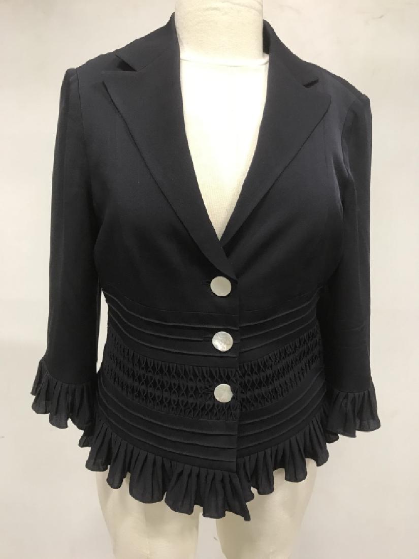 RENA LANGE Designer Women’s Lightweight Blazer: RENA LANGE designer women’s lightweight blazer, button up blouse. Blazer is navy in tone with pearlescent buttons. Measures approx 16 inches in width at shoulders, 15.5 inches in width at waist, 21.