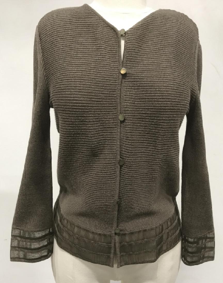 Marisa Minicucci Italian Designer Cardigan & Vest: Marisa Minicucci Italian designer women’s cardigan and vest set. Set is taupe in tone with sheer mesh details. Label reads for Marisa Minicucci, Size M. Italian designer cardigan, women’s ladies��