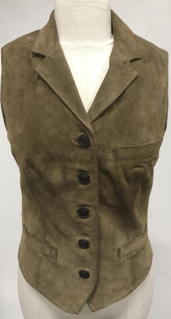 RALPH LAUREN Designer Suede Button Up Vest: RALPH LAUREN designer women’s suede leather button up vest. Vest is oakwood suede in tone. Label reads for Ralph Lauren, size 10. Has buttons with dog heads in relief. Some minor imperfections in le