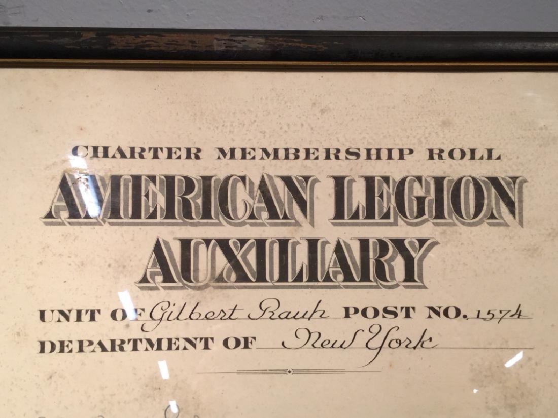 Framed American Legion Auxiliary Form W Signatures: Framed Charter Membership Roll for the American Legion Auxiliary, Unit Of Gilbert Rauh, Department Of New York. Form comes with multiple signatures written in pen. Paper is in black tone wood frame. M