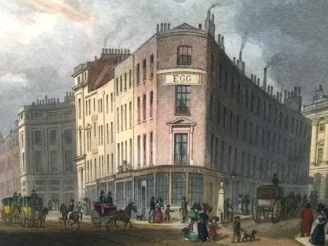 Framed Lithograph Of Piccadilly in Edwardian Era: Framed Lithograph Of Piccadilly in Edwardian Era or Victorian Era. Artwork appears to be colored Lithograph Of Etching. Artwork is matted and in silver tone wood frame. Some surface wear on frame and 