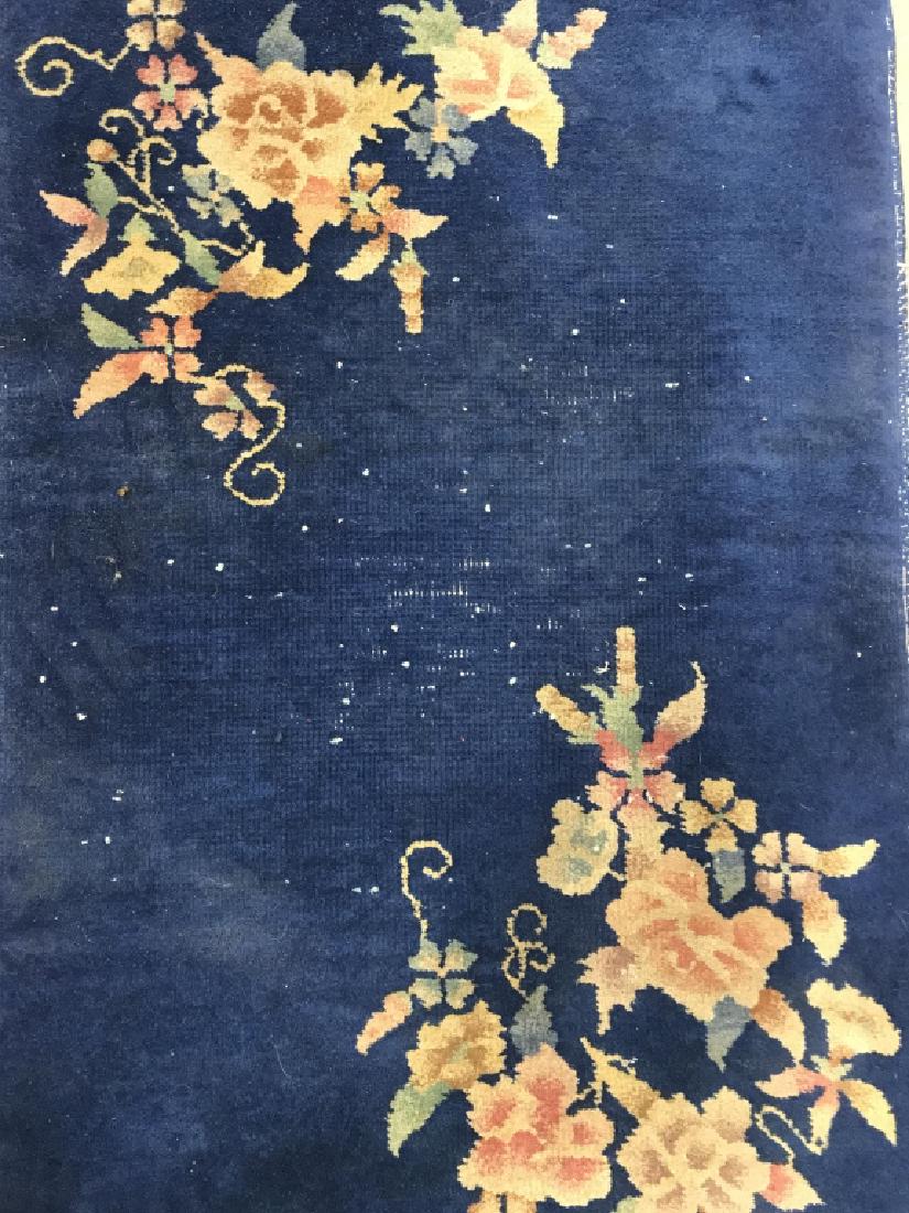 Antique Handmade Chinese Art Deco Wool Rug: Rug is wool & handmade. Contains multi toned floral detail with tones of gree, pink, blue, orange & tan. Contains evident wear & tear at edges. Measures approx 36 inches long 23 inches wide. Asian art