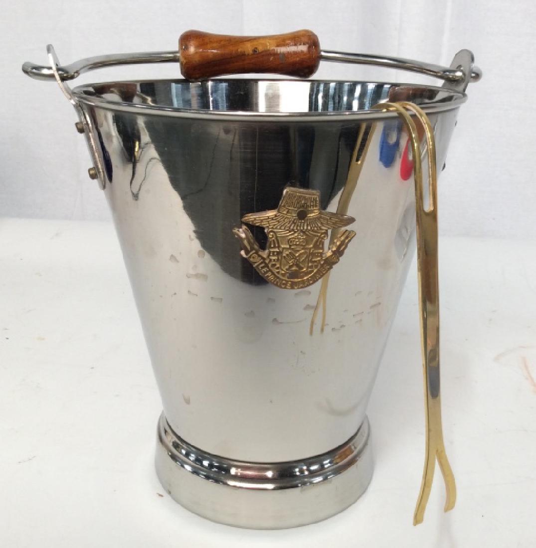 Wood Handled Champagne Bucket Chrome: Chrome champagne bucket, Ice Bucket wine Bucket, polished chrome with wood handle, emblem crest reads Le prince jardiniere, and brass Tongs, bar ware, bar accessories, table ware