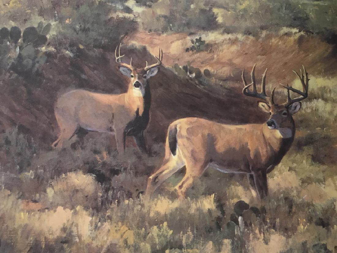 Signed & Numbered Art Print Of Deer in Desert: Signed and numbered art print of deer in desert. Signed Ken Carlson in pencil in lower right corner, numbered 495 / 850 in lower left corner. Print appears to have been digitally printed. Artwork is d