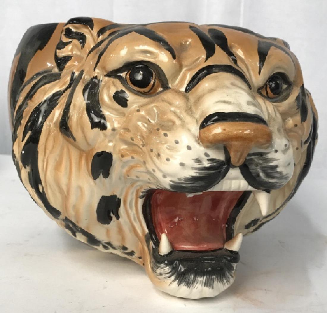 Tigers Head Ceramic zporcelain Planter, Fitz Floyd: Roaring tigers head tableware, Planter, cache pot, bowl, decorative accessory, garden measures app ht 8 inches, diameter app 14 inches, one fang missing, marked FF 1986, vintage Fitz and Floyd Tiger p