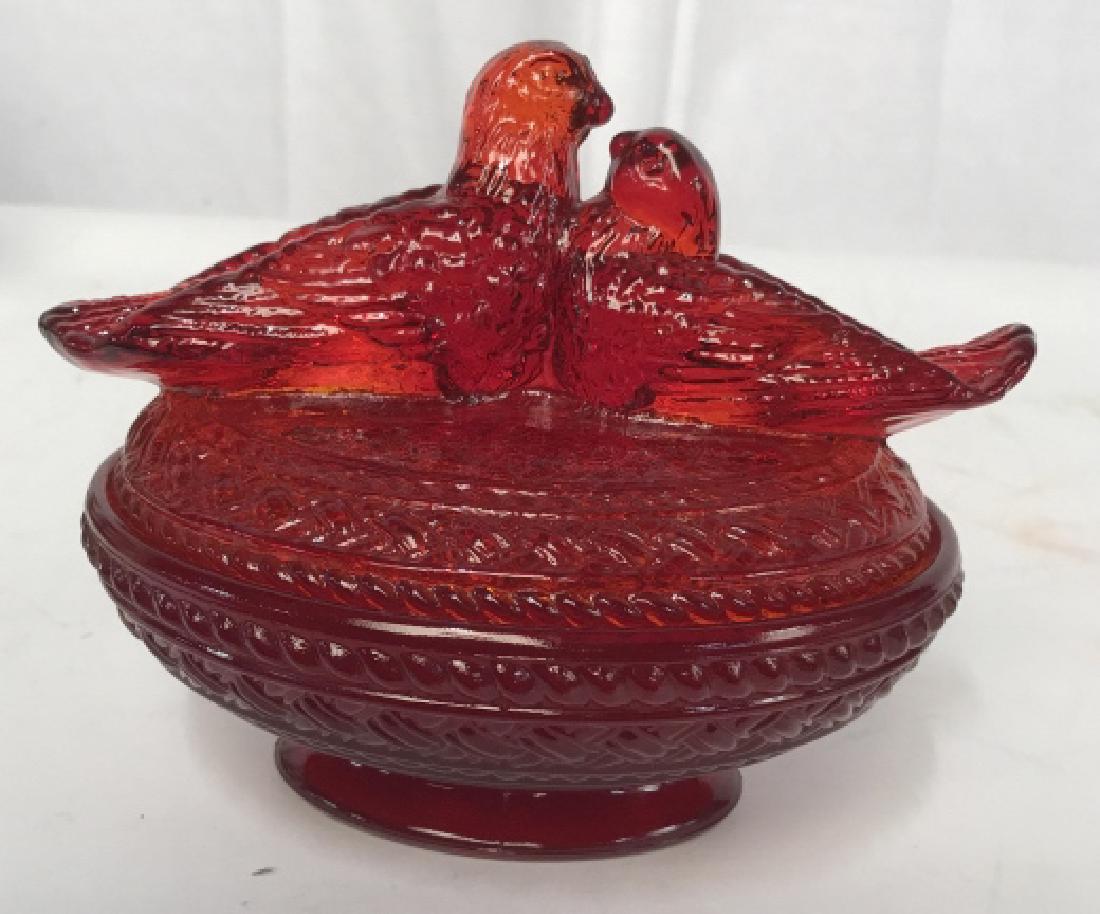 Vintage Red Glass Bird Covered Dish: Vintage Lidded Vessel, Bowl, kitchen ware, table ware, collectible red glass with two love birds figurals on Lid, measures ht app 6 inches, length app 7 inches, trinket dish