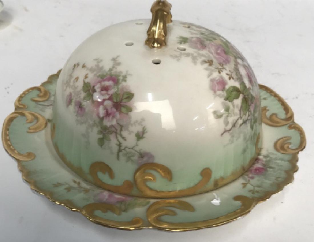 Limoges Porcelain Covered Platter, France: Vintage possibly antique French porcelain dome covered dish or platter, hand painted, vintage porcelain possibly antique, marked for Limoges, measures ht app 6 inches, diameter app 9.5 inches, tablewa