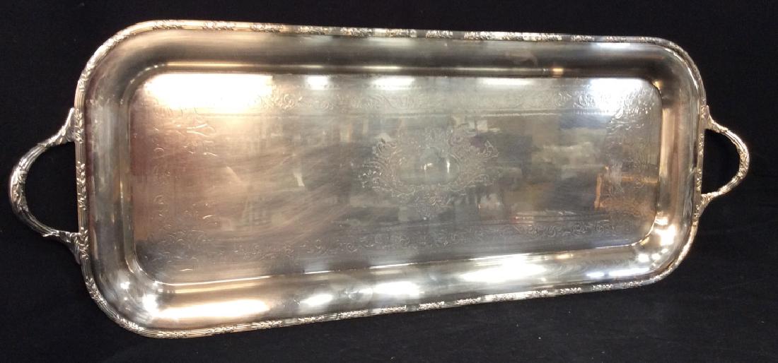 English Silver Toned Metal Serving Tray: English Silver Toned Metal Rectangular Serving Tray with leaf design and two side handles, marked on reverse England 9541-2, 45, 55, and menorah symbol, measures approx 27.5 inches long x 10.25 inches
