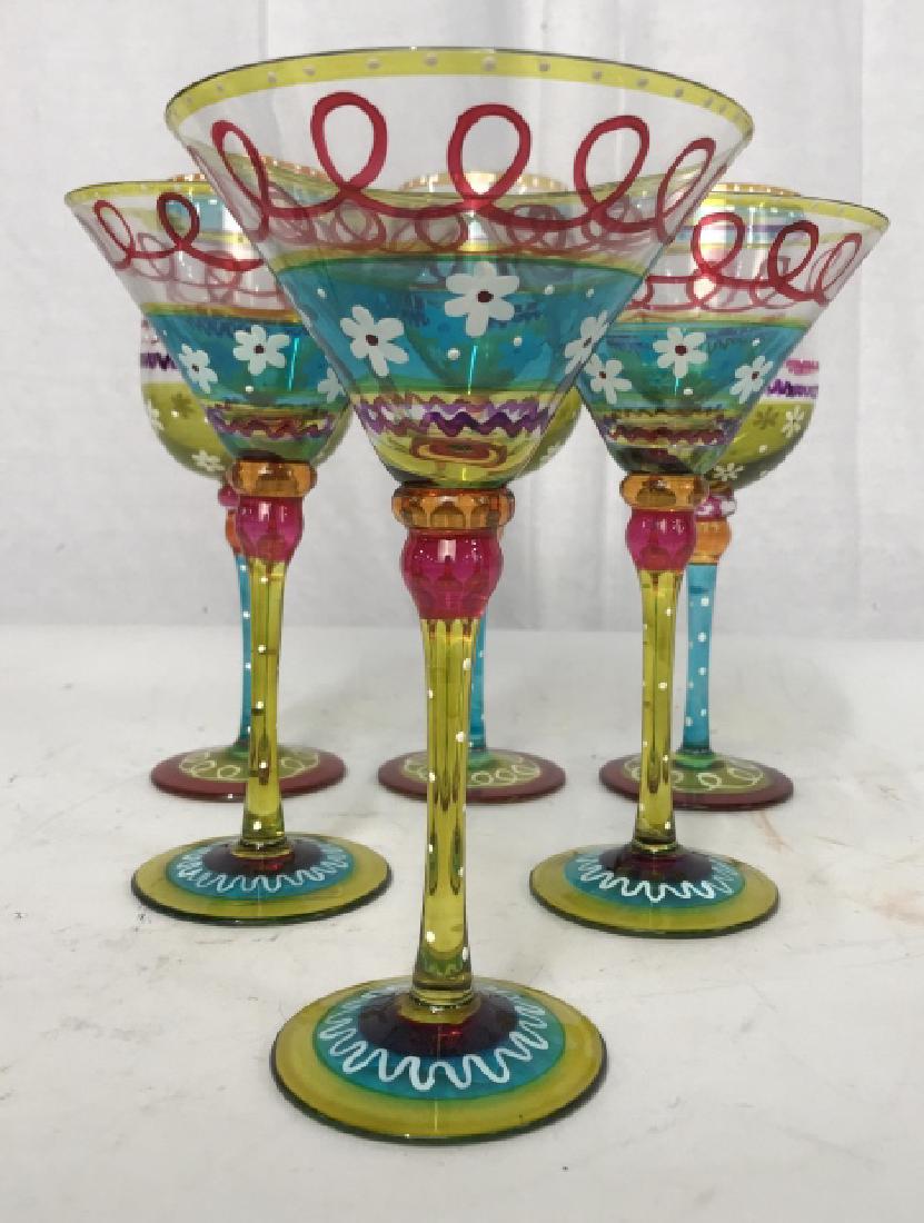 Set of 8 Hand Painted Wine Goblets & Martini Cups: Set of 8 Hand Painted Wine Goblets & Martini Glasses, Largest measures 9 in x 3 in at rim, good condition, reds, yellows, Turquoise Designs, Bar Ware, Festive Ware, Goblets, Glassware, Wines, 5