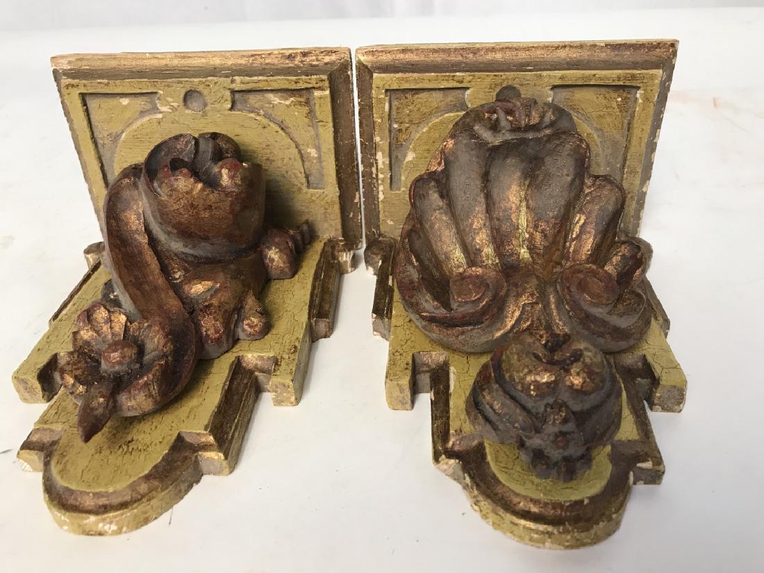 Pair Vintage Gold Toned Wall Brackets: Pair Vintage Gold Toned Wall Brackets, 7 in x 4 in, good condition, painted and gilded, shell and flower bud, Wall Decor, Brackets, classical design, Gilding, shelving, 5