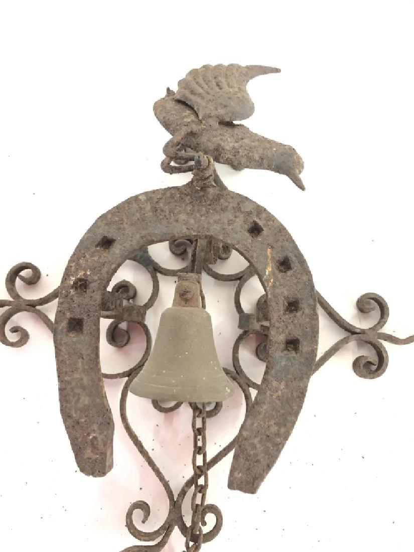 Vintage Handmade Wrought Iron Bird Door Bell: Vintage Handmade Wrought Iron Bird Door Bell Ringer, 11 in x 11 in wide, 4 in profile, rusted, bird sits atop a horseshoe and with bell within and it rings, Door Bell Ringer, Wrought Iron, Decorative