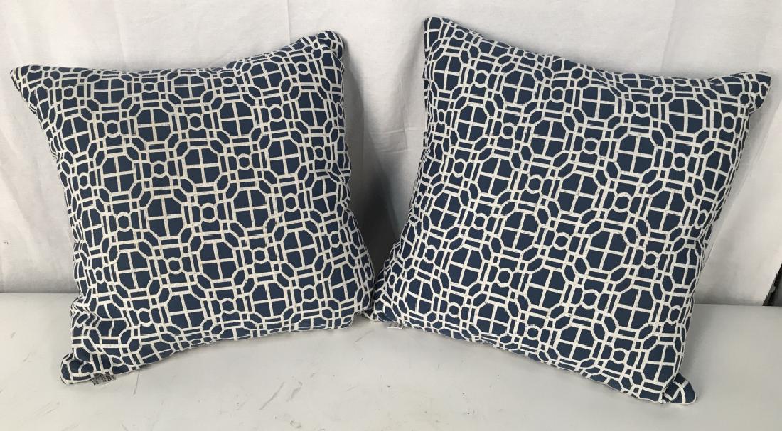 Pair Studio Chic Home Accent Pillows: Pair Studio Chic Home Accent Pillows In blue fabric with white geometric design pattern, some pilling to white fabric and needs light cleaning, measures approximately 17 inches square. Throw / toss Pi