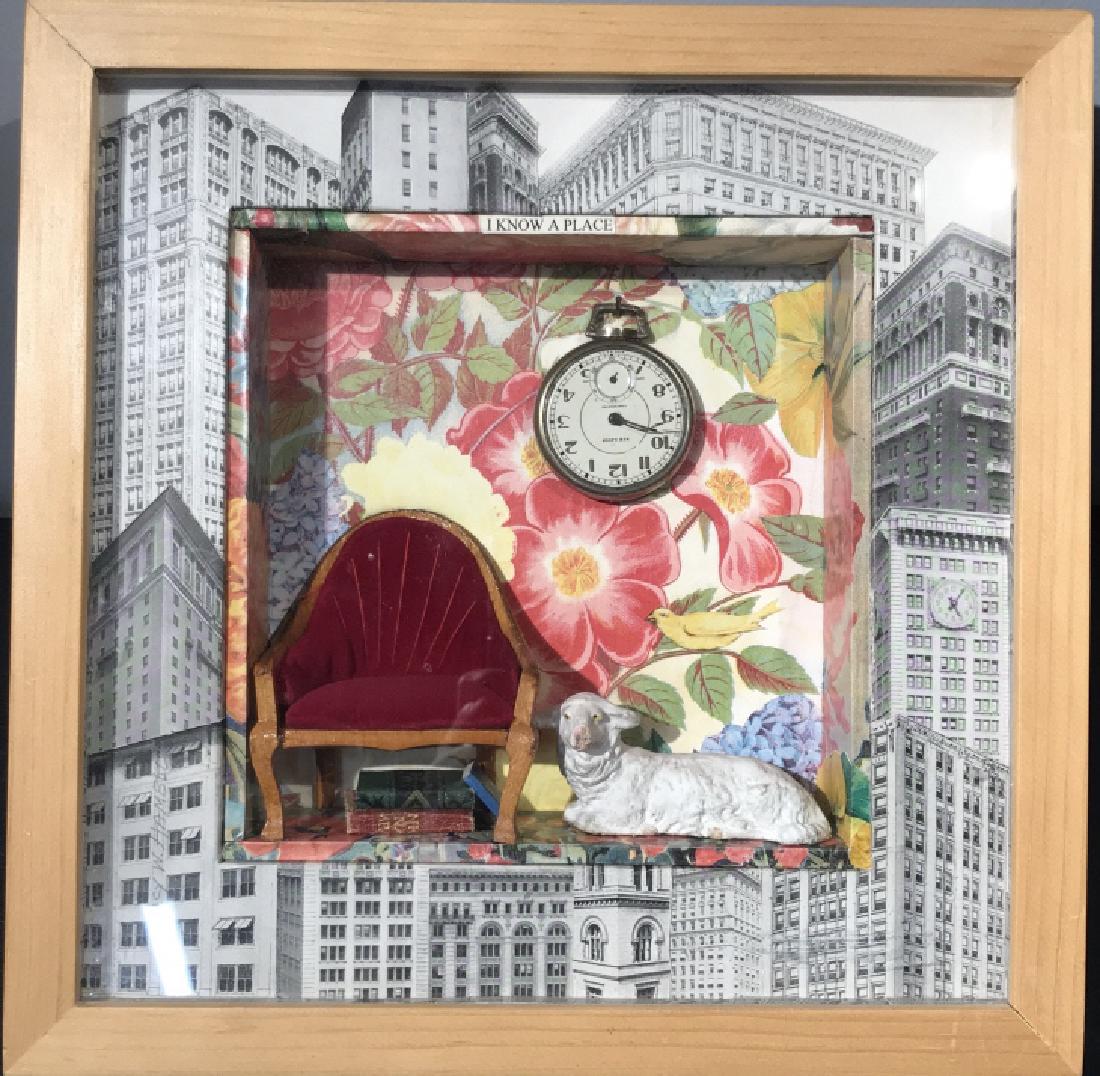 Tracy W. Hambley Mixed Media Shadowbox Artwork: Tracy W. Hambley mixed media shadowbox artwork. Artwork includes an assemblage of diminutive objects, including chair, lamb, and books, along with a pocket watch, set in a shadow box with light tone w