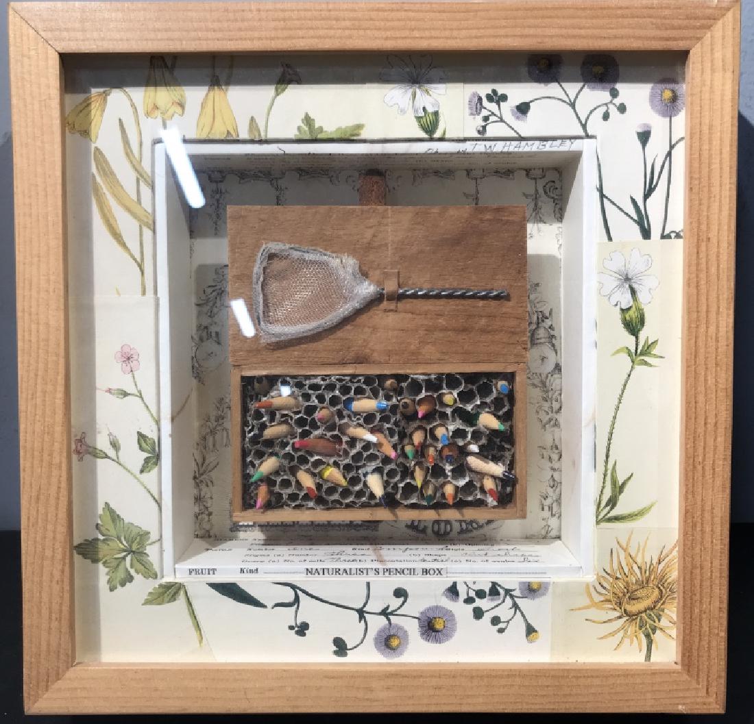 Tracy W. Hambley Mixed Media Shadowbox Artwork: Tracy W. Hambley mixed media shadowbox artwork. Artwork includes an assemblage of diminutive objects, including a fly catching net and colored pencils, set in a shadow box with light tone wood frame. 