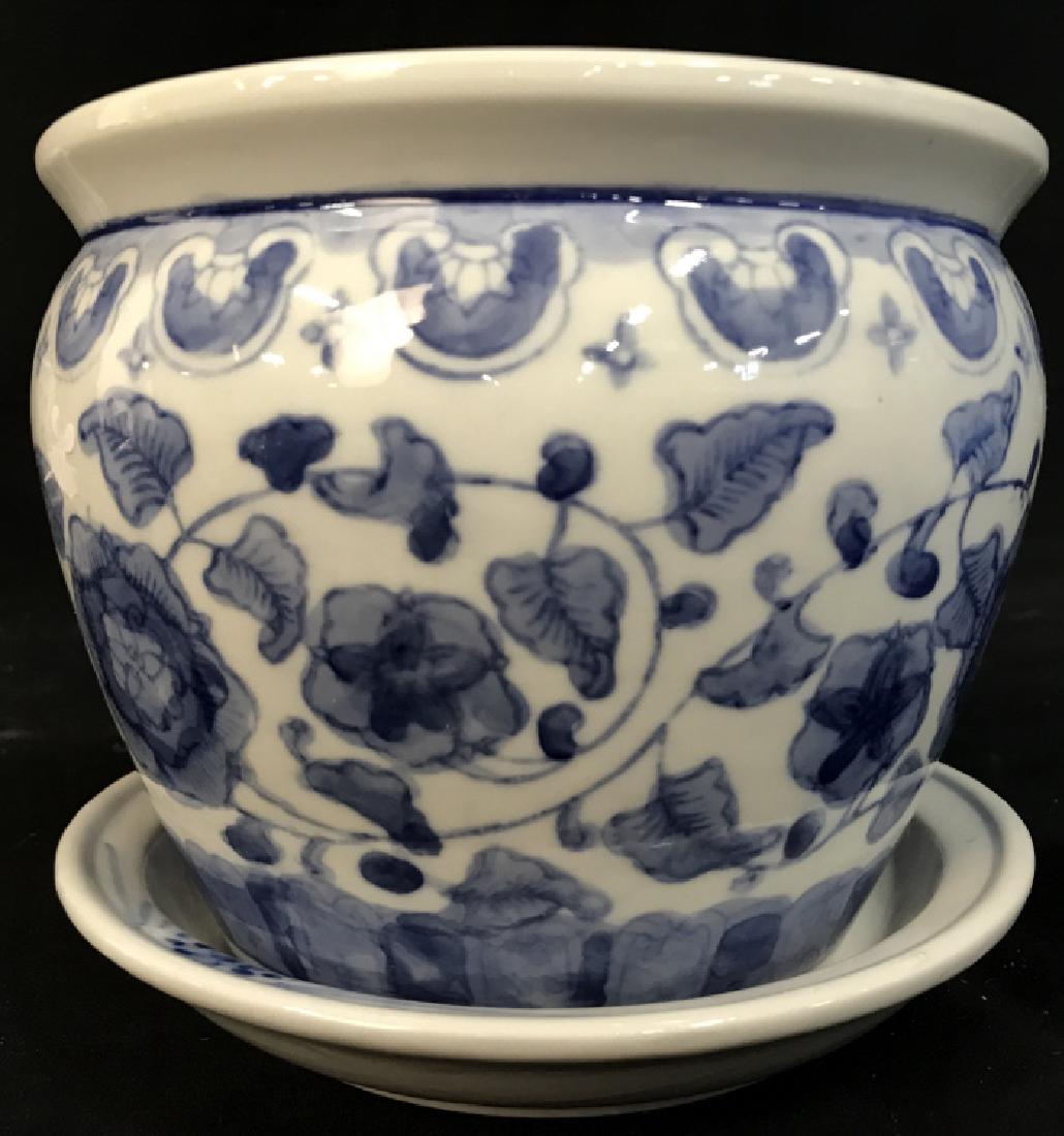 Blue and White Cache pot with under-plate: Blue and White Cache pot with under-plate, 6 1/4 x 6 in, good condition, Blue and White Pottery, Ceramics, Decorative Planters, Vessel, Cachepot, Decorative Tableware, 5