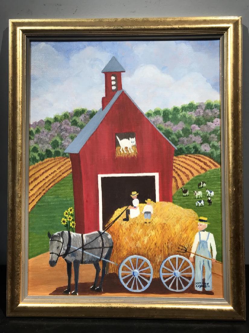 Signed Marjorie Anderson Folk Art Oil Painting: Signed Marjorie Anderson Folk Art oil painting on Canvas, ticker ‘Haying.’ Signed in lower right corner. Artwork depicts farmers along with a donkey, cat, and sheep. Artwork is in gold tone wood f