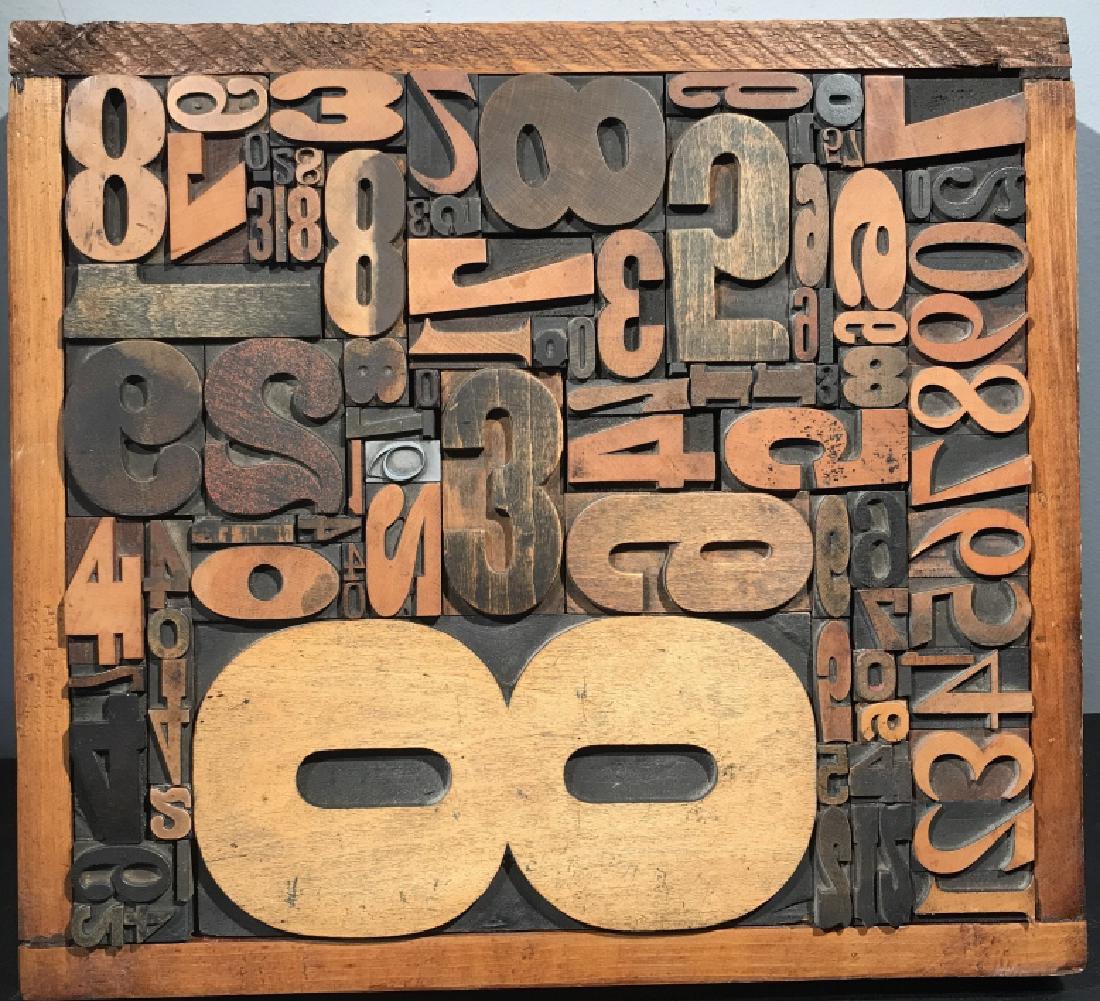 Wood Letterpress Numbers Set in Wood Block Artwork: Wood letterpress numbers set in wood block artwork. Characteristic distressing of finish for vintage antique rustic style. Measures approx 14.5 inches in height by 13 inches in width by 1.5 inches in