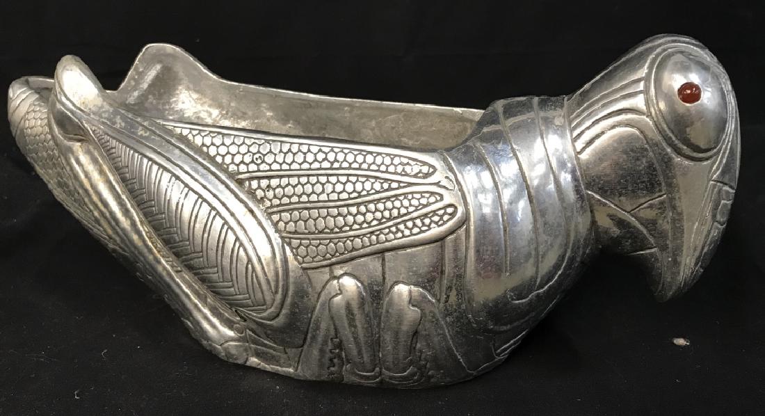 Pewter Toned Metal Grasshopper Planter: Pewter Toned Metal Grasshopper Planter, 6 in x 14 1/2 in, good condition, realistic depiction of a grasshopper with carnelian toned eyes, Grasshopper, Pewter, Planter, Vessel, Tableware, Kitchenware, 