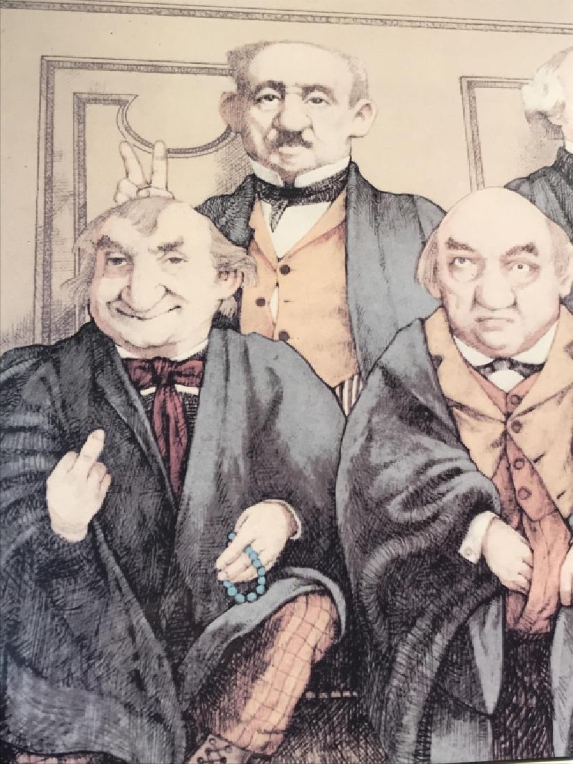 Framed Charles Bragg Exhibition Poster of Jurists: Framed Charles Bragg exhibition poster for the National Convention of Jurists, Georgetown, Virginia, September 1979. Poster depicts satirical interpretations of 9 jurists, with type along the bottom.