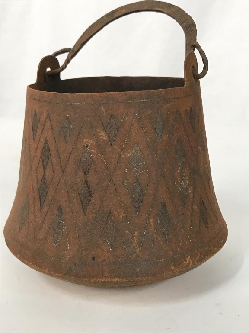 Vintage Middle Eastern Metal Vessel: Vintage Middle Eastern Metal Vessel, 4 1/2 x 4 in diameter of opening, rusting, flat handle with twisted ends, Metal Utensils, Bucket, Vessel, Persian, Middle Eastern, Planter, upscale / up cycle plan
