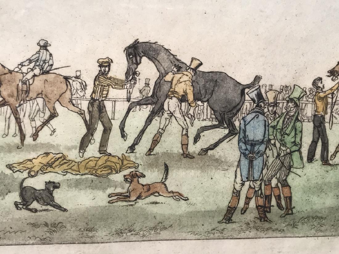Set 4 Hand Colored Engravings of Horse Racing: Set of 4 vintage framed hand colored engravings depicting various scenes of horse racing by artist H. Alken. Engravings include ‘At Speed,’ ‘Winning,’ ‘Weighing & Rubbing Down,’ and ‘Pre