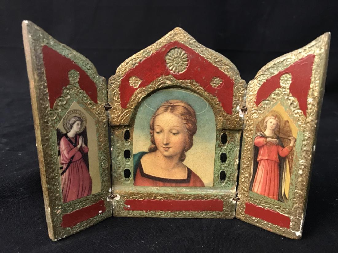 Vintage Gold Toned and Wood Triptych: Vintage Gold Toned and Wood Triptych 6 in x 5 in, three depictions of Mary, good condition, Religious Icons, Christian Art, Mary, The Blessed Mother, Byzantine Art, 5