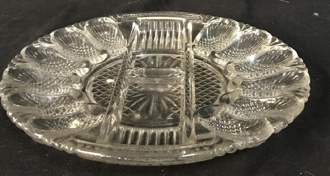 Pressed Glass Hors D’oeuvres Dish: Pressed Glass Hors D’oeuvres Dish, 11 in diameter, good condition, Places for small oysters with mignon Condiment, Kitchenware, Dish ware, Entertaining Utensils, Glass Platters, tableware 5