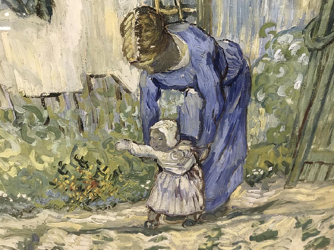 Framed Vincent Van Gogh Exhibition Poster: Framed Vincent Van Gogh exhibition poster for the Metropolitan Museum of Art. Poster has print of van Gogh’s ‘First Steps, after Millet’ with type along the bottom. Poster is set in silver tone 