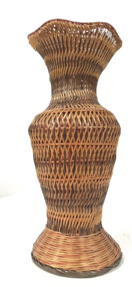 Weaved lacquered Fiber Vase: Weaved lacquered Fiber Vase, 9 in x 4 in, good condition, urn shaped with brown Carmel, and reds, Decorative Tableware, Kitchenware, Vessel, Vase, wicker, bamboo, fiber, 5