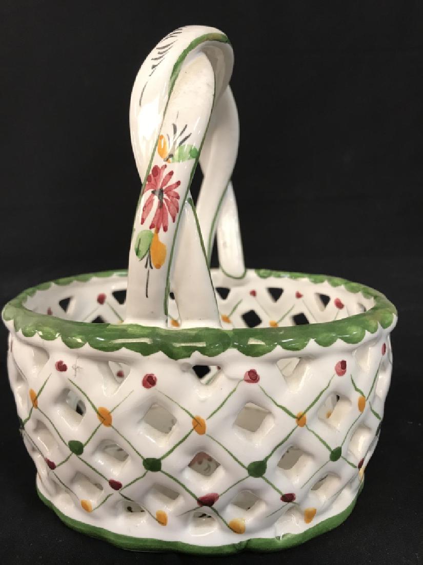 Hand Panited Ceramic Basket Planter, Portugal: Ceramic Basket Planter, 7 in x 6 in wide, painted green red and gold, good condition, planter, Tiffany Style, Pottery, Portugal, Kitchenware, tableware 5